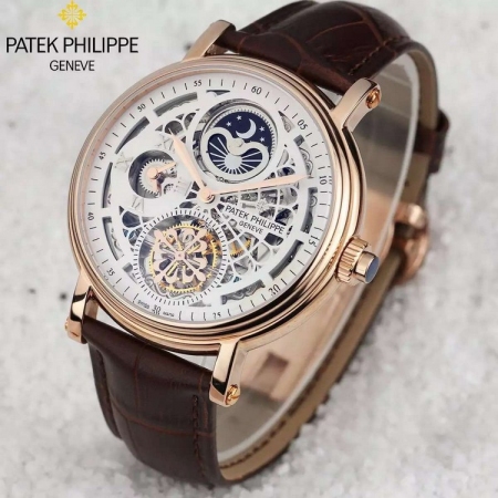 百达翡丽（Patek Philippe）双时间地区设计镂空机械手表